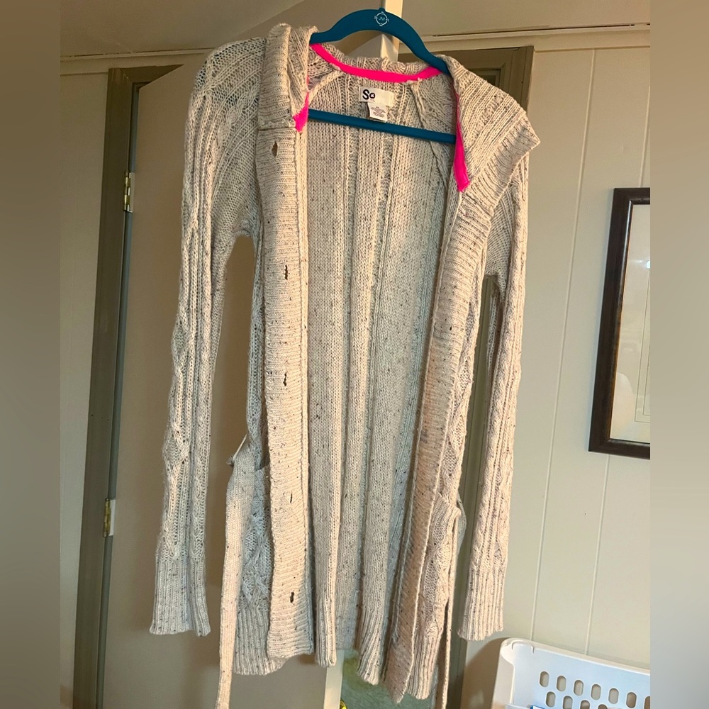 Tan, hooded, button-up duster sweater with waist tie, size M